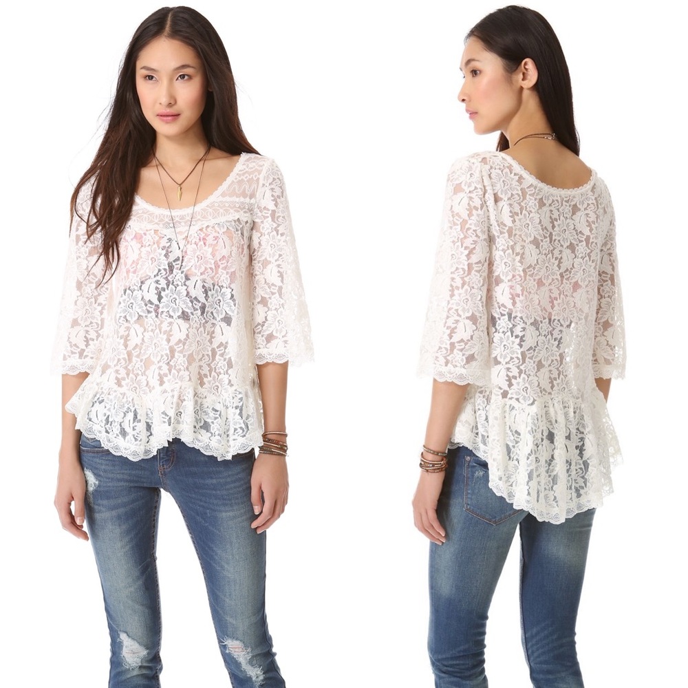 Free People Scallop White Lace Boho Top